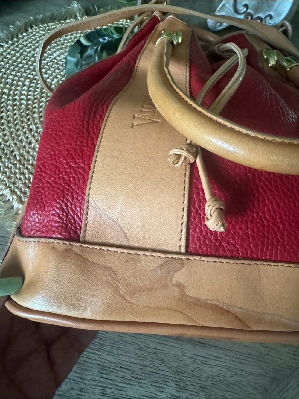 Valentina Red & Tan Leather Drawstring Bucket Bag - Picture 8 of 9